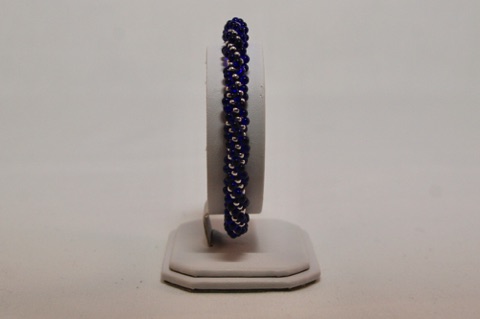 Dark Blue Mini Fringe and Silver Long Spiral Beaded Kumihimo Bracelet